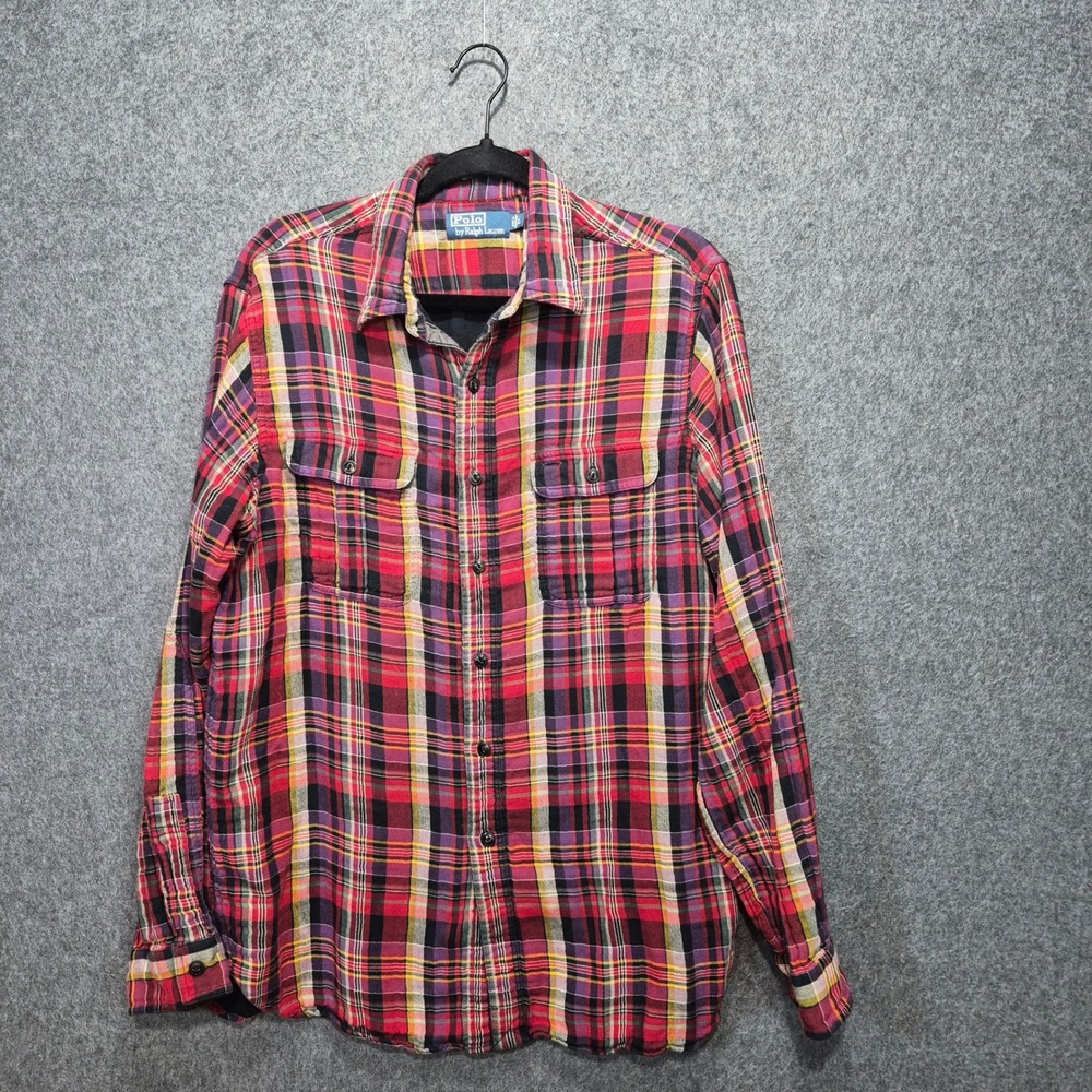 Vtg 90s Polo By Ralph Lauren Lined Flannel Shirt L Plaid 100% Cotton Preppy